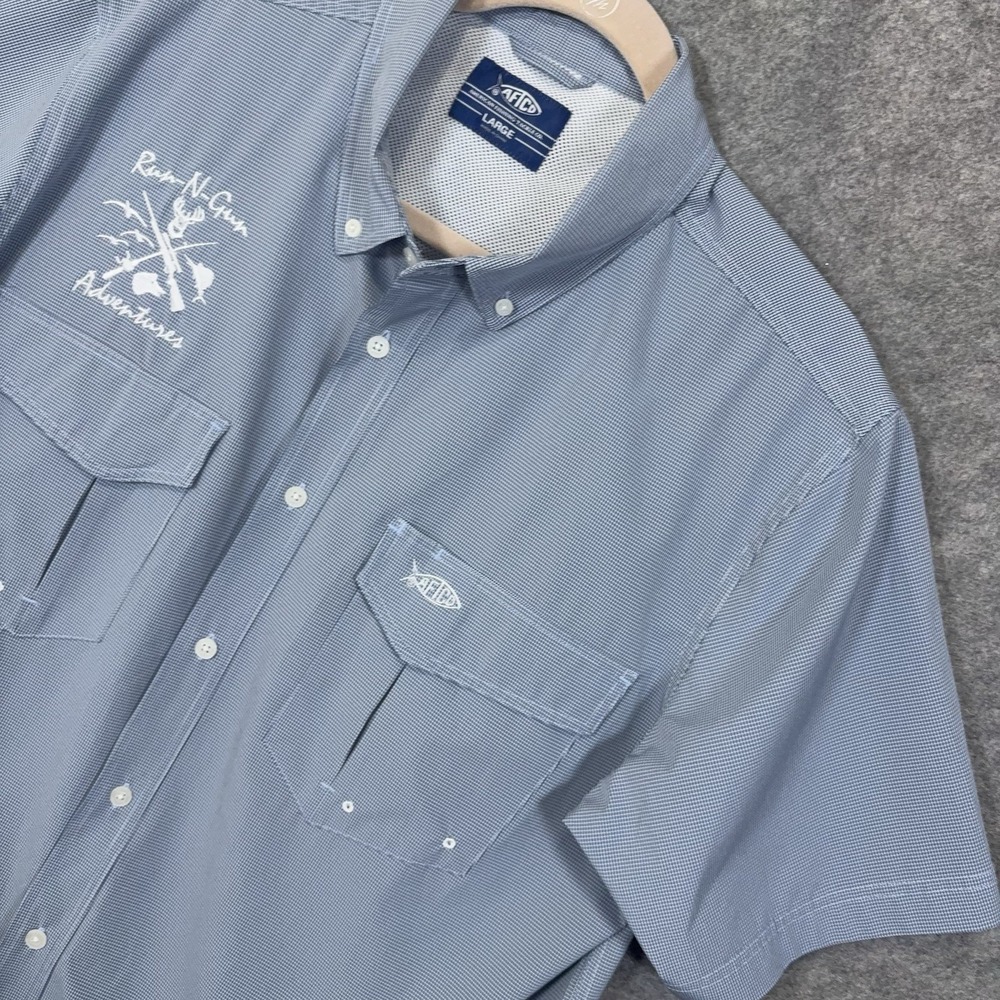 AFTCO Apex Stretch Button Down Shirt Mens Sz L Blue Check Vented UPF 50 LOGO